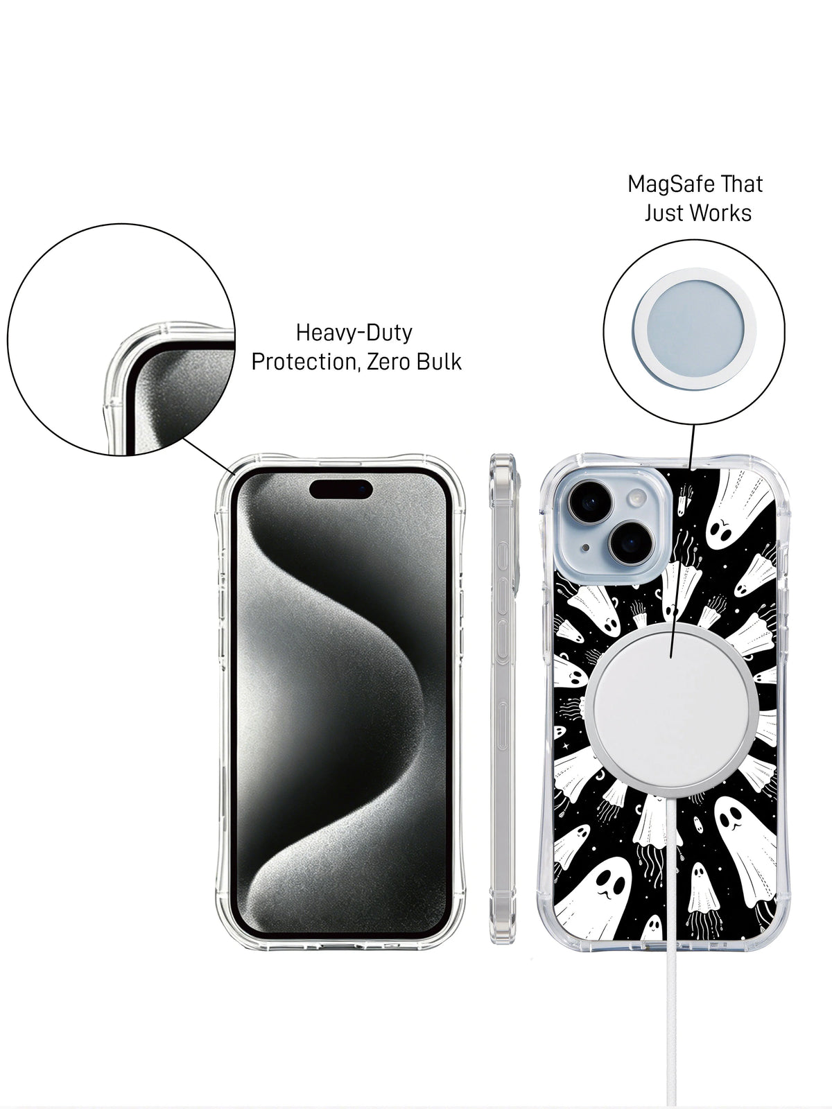Little Phantoms of the Moonwell iPhone 15 Plus case front and back presentation
