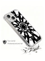 Black and white whimsical ghost iPhone 15 Plus case in angled display