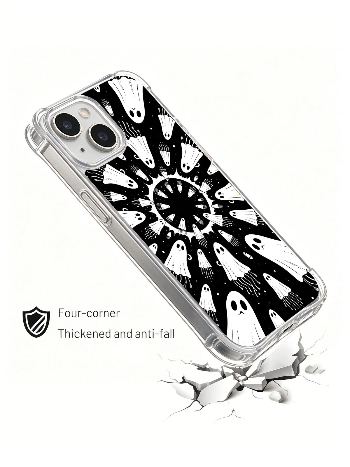Black and white whimsical ghost iPhone 15 Plus case in angled display