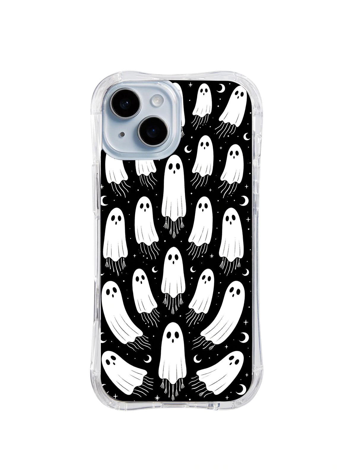 Moonwell Keeper Chorus white ghost pattern on black iPhone 15 Plus case