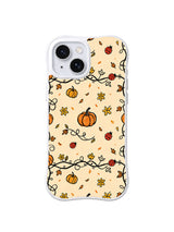 Little Pumpkin Ladybug Trail: Orange pumpkins and red ladybugs follow curling black vines with yellow flowers.
