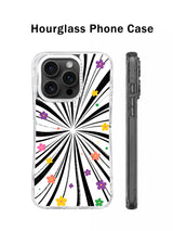 Little Rainbow Universe hourglass phone case shown from the back and side
