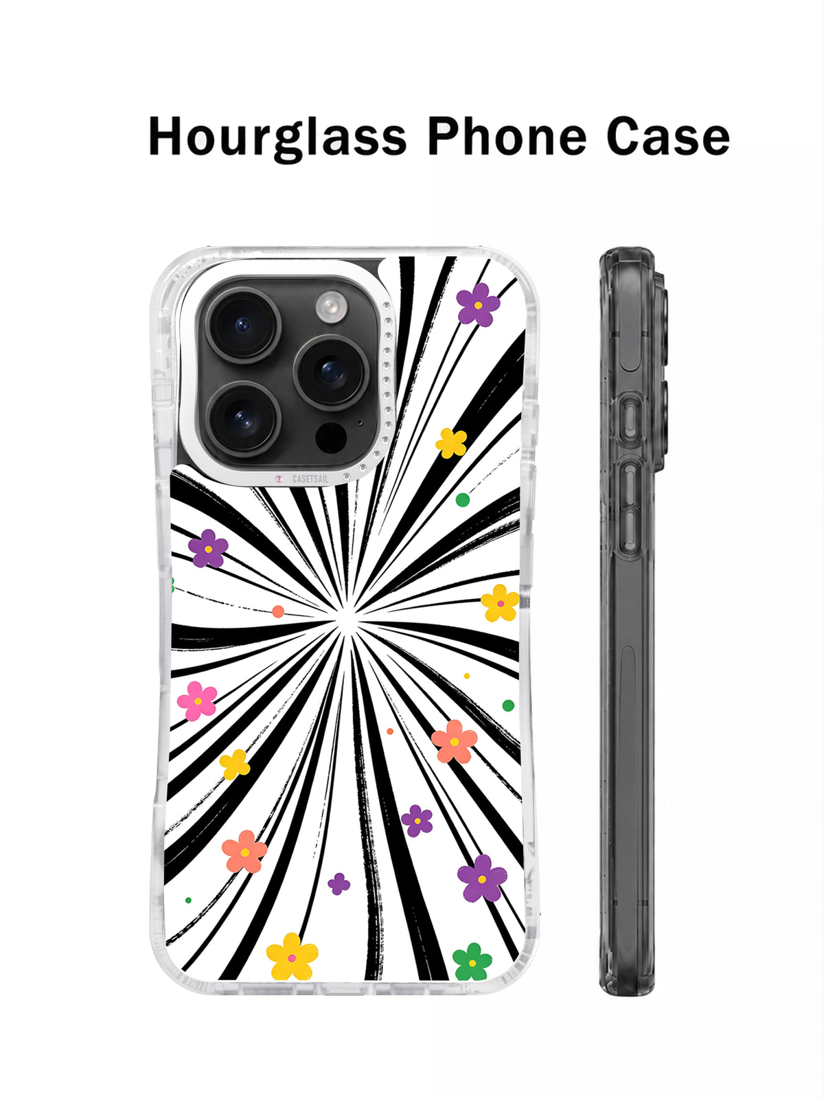 Little Rainbow Universe hourglass phone case shown from the back and side