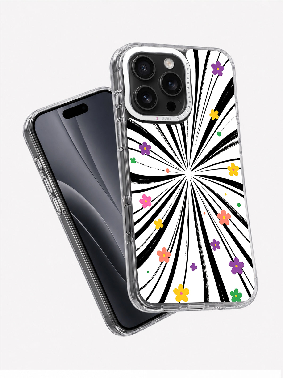 Colorful abstract flower iPhone case displayed beside a black phone at an angle