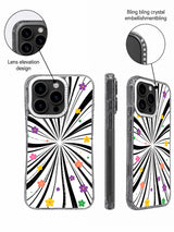 Close-up views of crystal-accented raised camera frame on abstract floral case