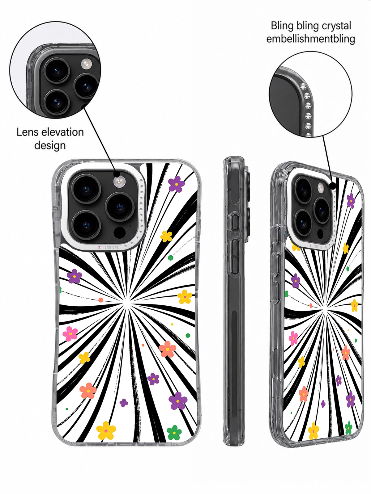 Close-up views of crystal-accented raised camera frame on abstract floral case
