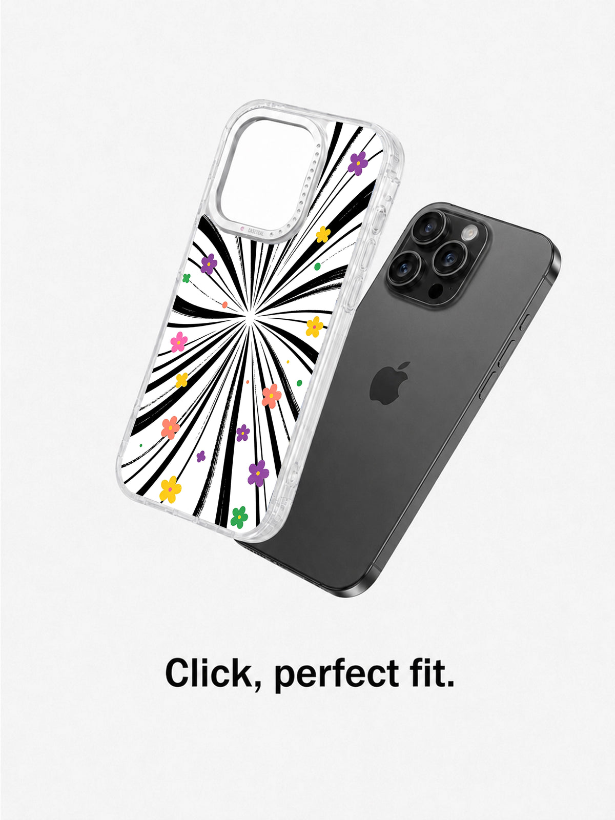 Clear colorful flower iPhone case separated from an iPhone 16 Pro Max