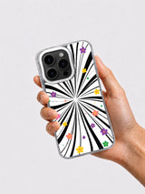 Hand holding black ink starburst and colorful flower iPhone 16 Pro Max case