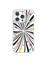 Radiating black starburst with colorful flowers pattern on white iPhone case