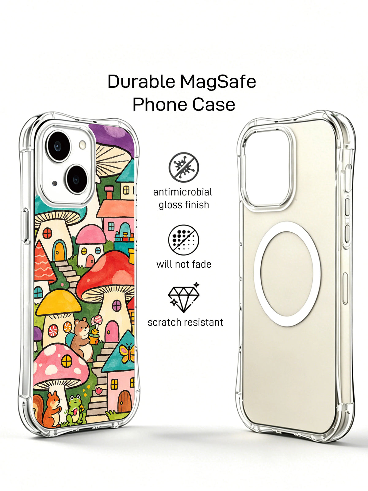 Colorful folk art village iPhone 14 Plus case angle view