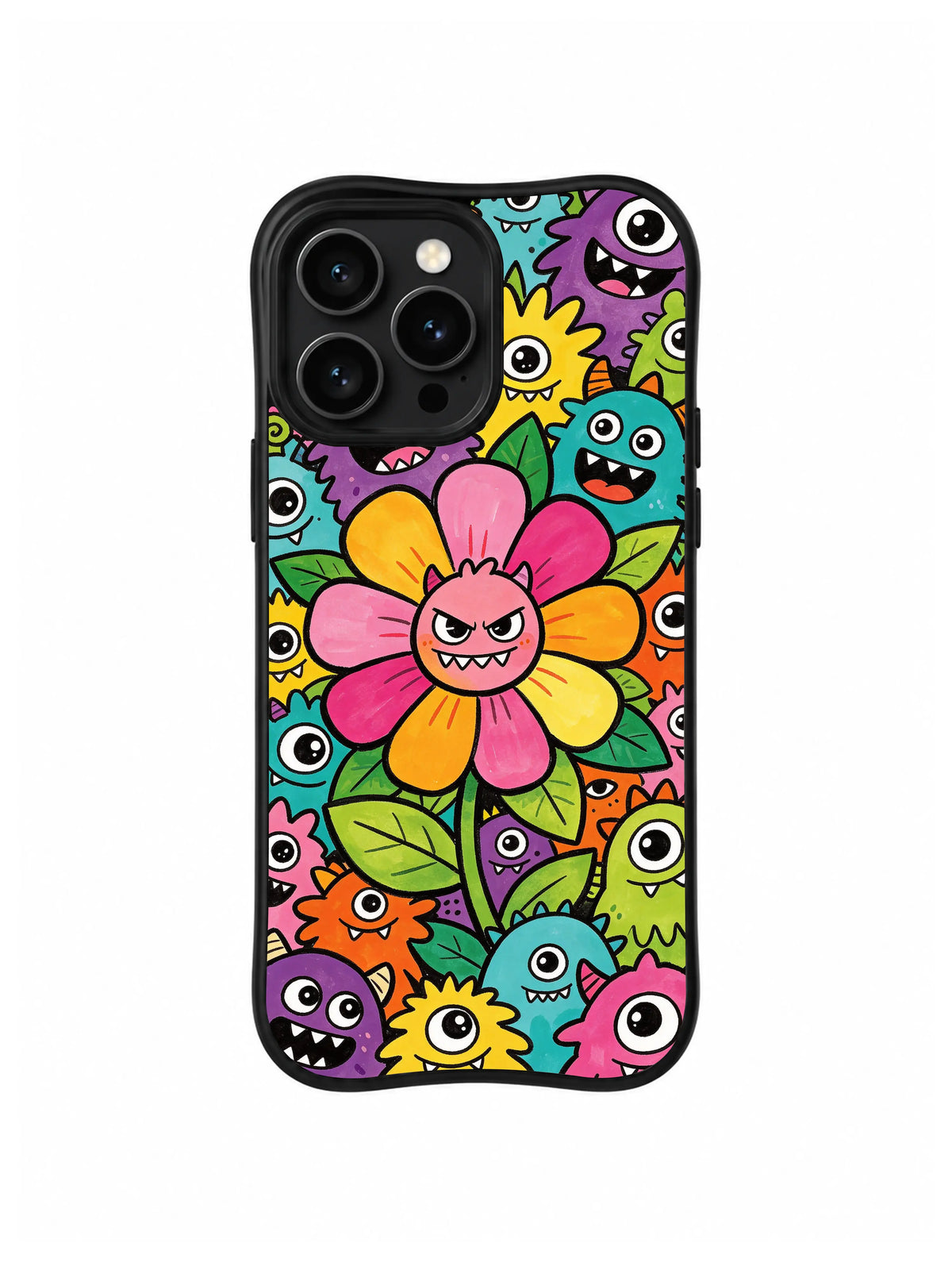 Defiant Rainbow Flower: Büyük turuncu-pembe sırıtan çiçek, daha küçük tek gözlü çiçekler ve yaratıklarla çevrilidir.