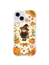 Little Witch Autumn Garden pattern on a white iPhone 14 case
