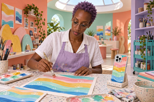 AI visualization of Lola Colorwave creating phone-case illustrations, with a finished iPhone 15 Pro Max case displayed on a studio stand