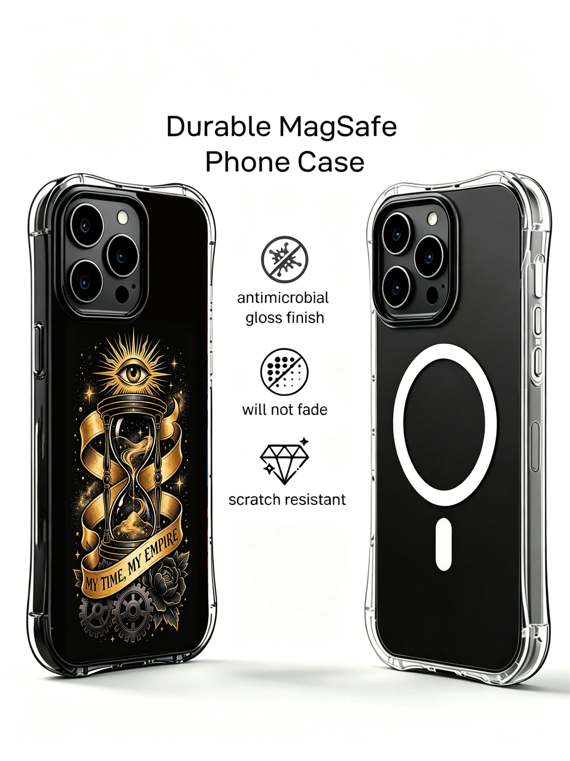 Old London clock workshop hourglass PhoneCasing, artistic iPhone 14 Plus Case with geometric gear details, scratch resistant durable iPhone 14 Plus casing.