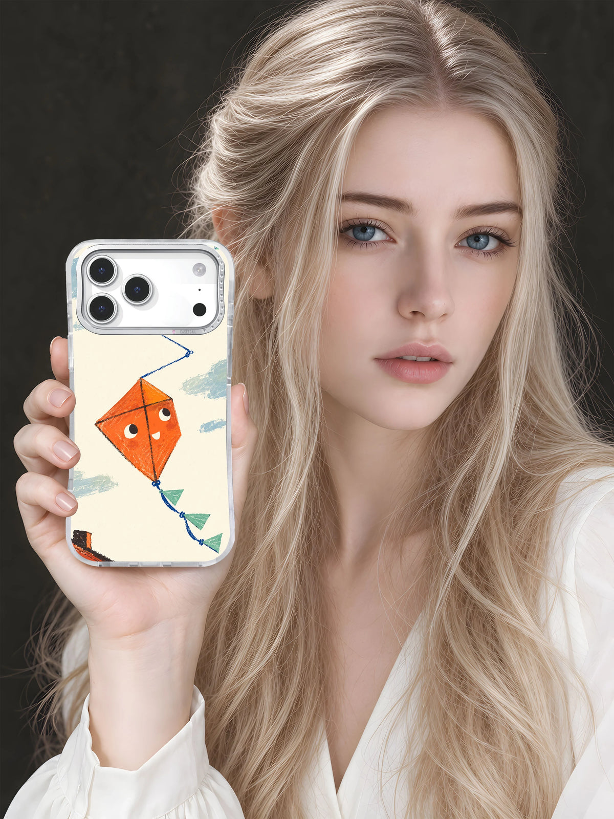 Lifestyle view of the orange kite character phone case