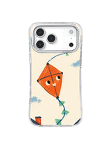 Orange kite with mint-green tail ribbons and blue line