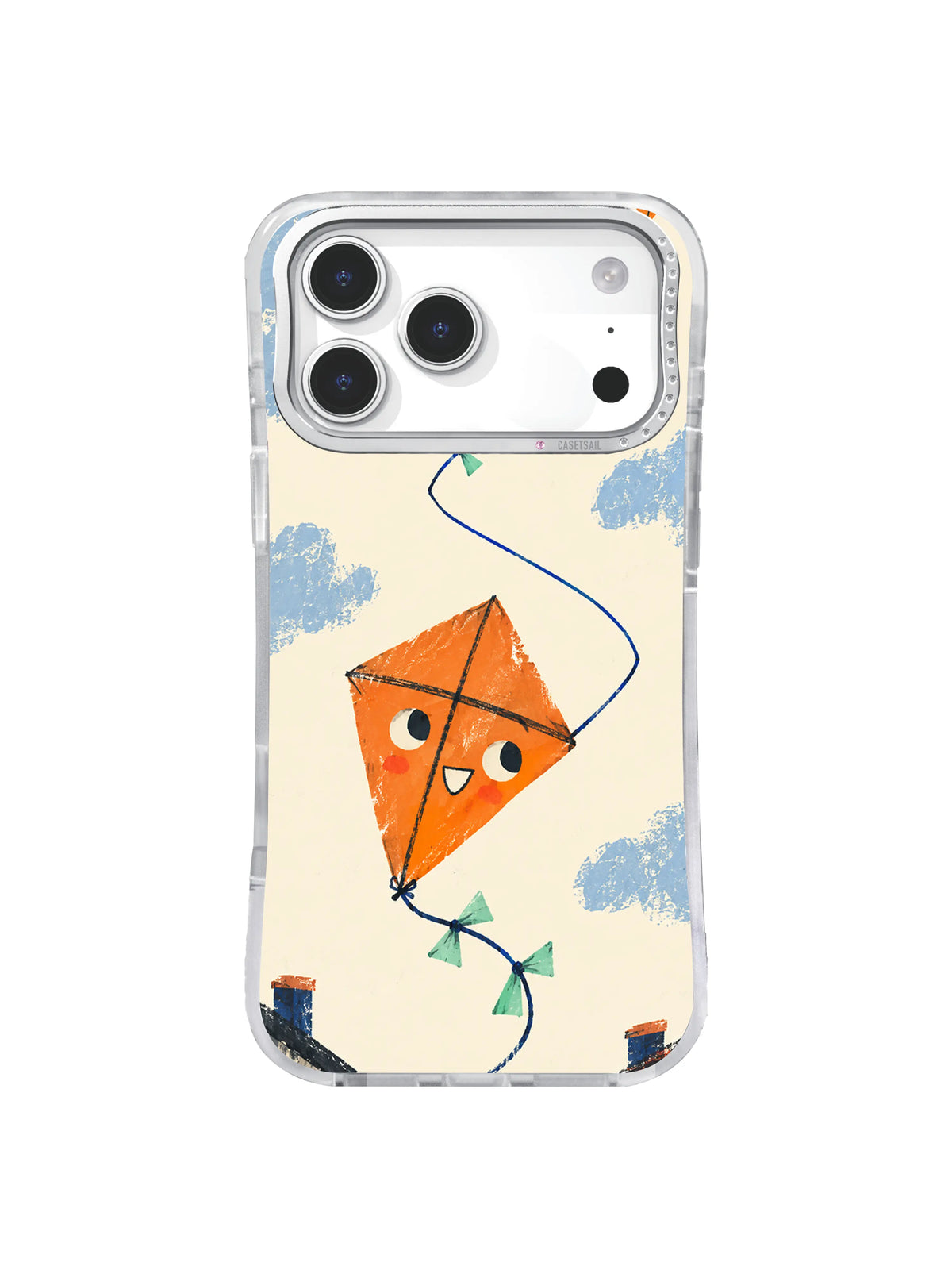 Smiling orange kite following a long zigzag sky route