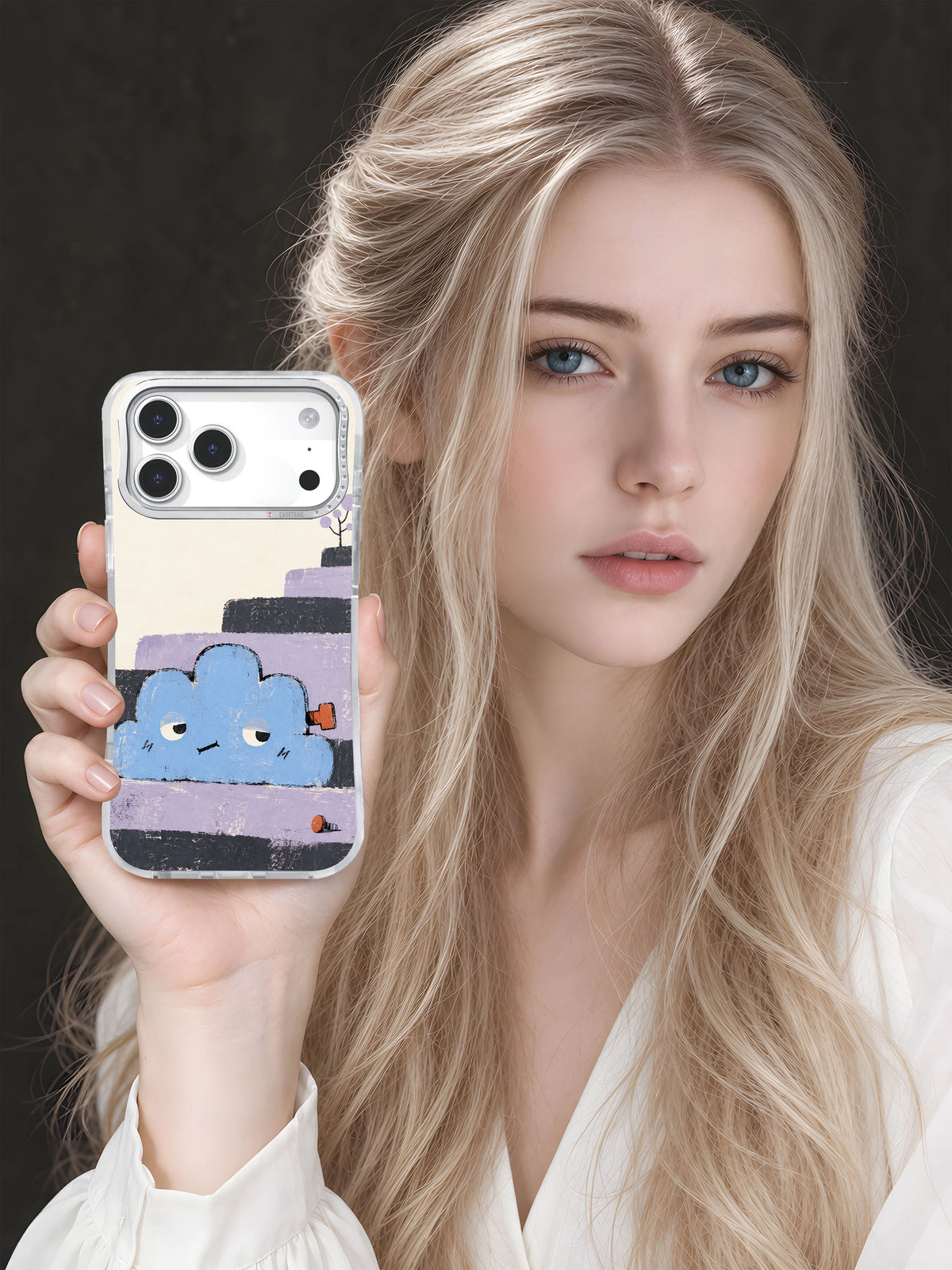 Nola Vellin artist scene with The Cloud with a Loose Screw iPhone 17 Pro Max Case