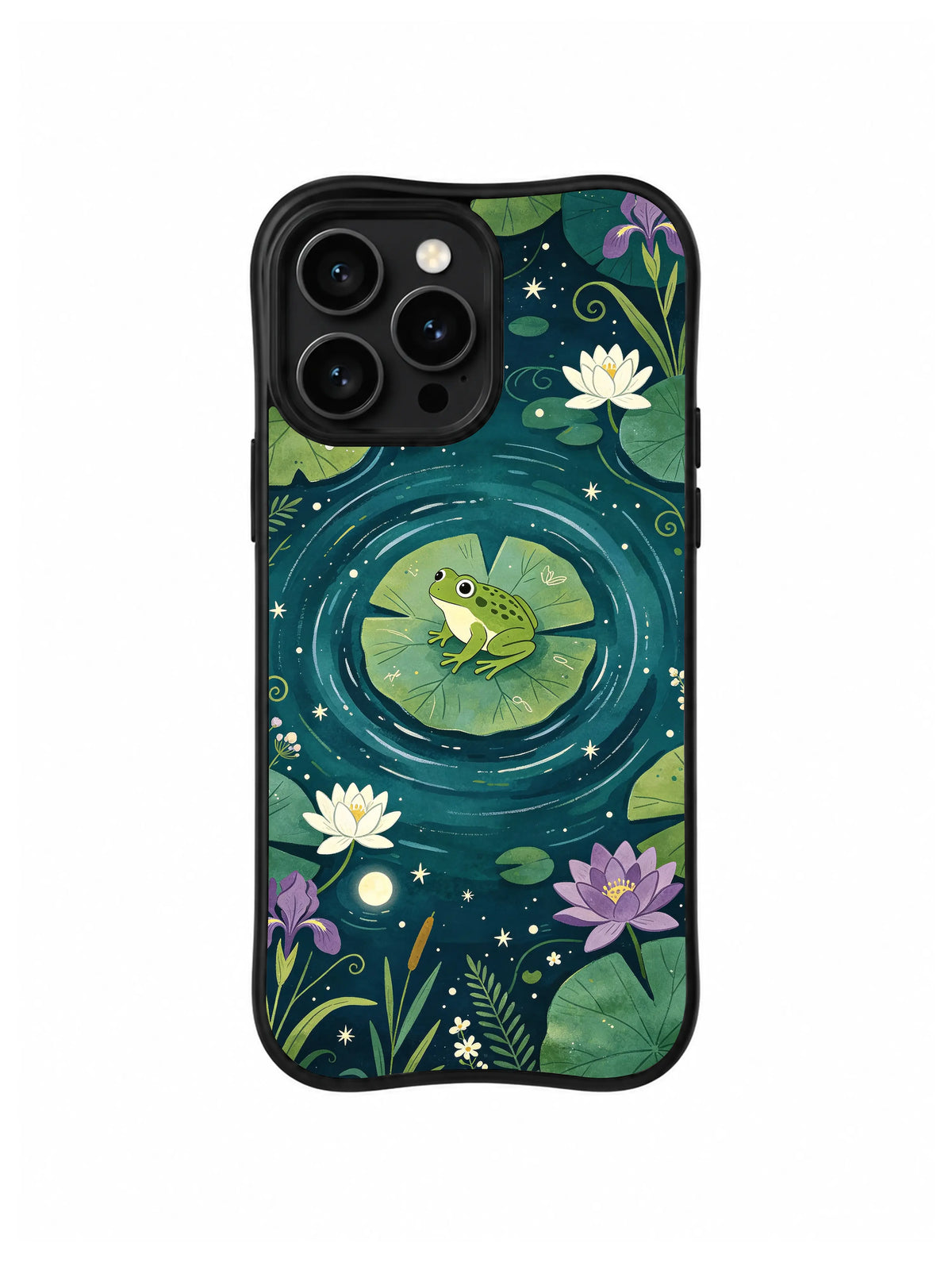 Lotus Ripple Frog: A spotted frog sits amid blue-green ripples, lotus flowers and moonlit plants.