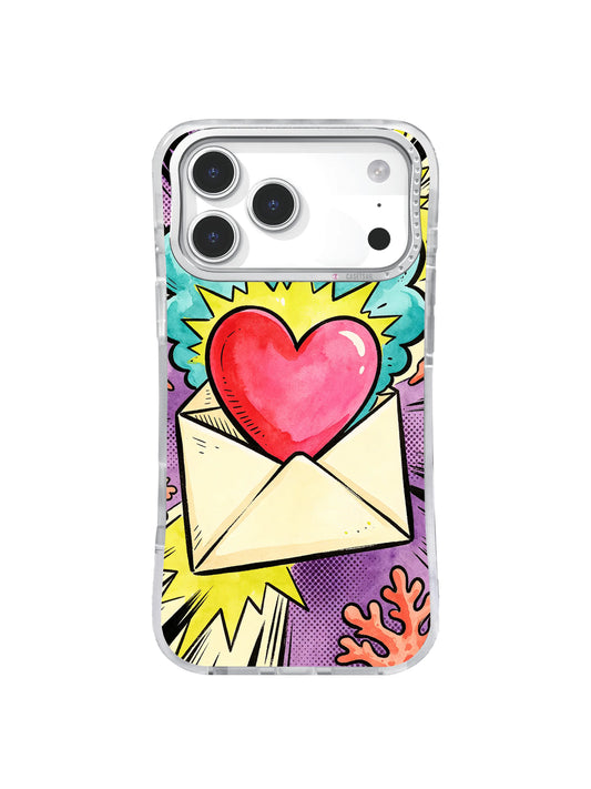 Love Letter Riot cyan burst heart and open envelope artwork on an iPhone case
