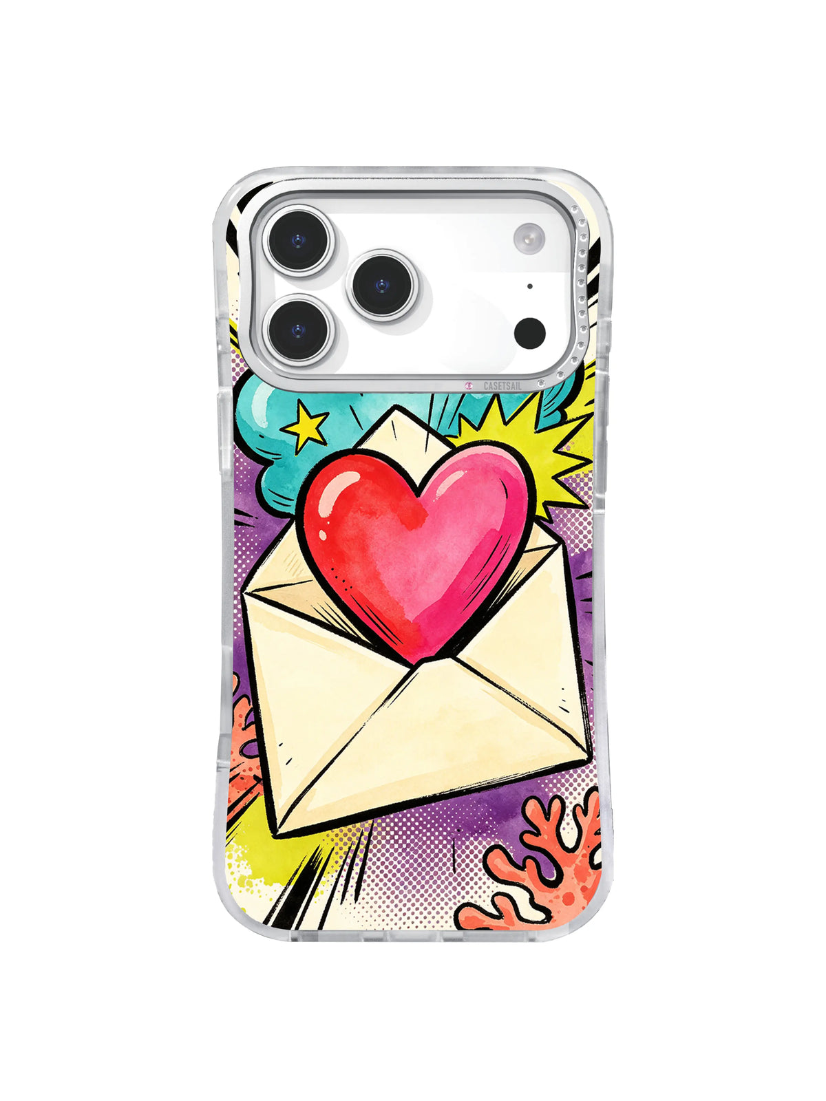 Love Letter Riot violet halftone heart post artwork on an iPhone case