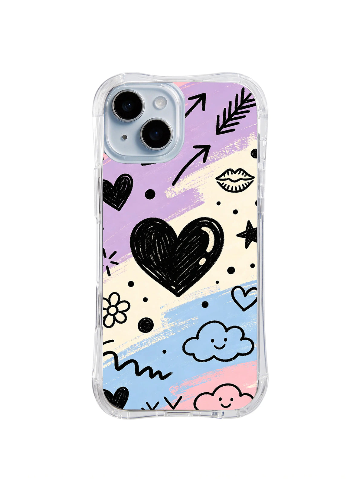 Free Spirit Heart: Büyük karalanmış siyah kalp pastel şeritlerde oklar, dudaklar, çiçekler, yıldızlar ve bulutlar arasında durur.