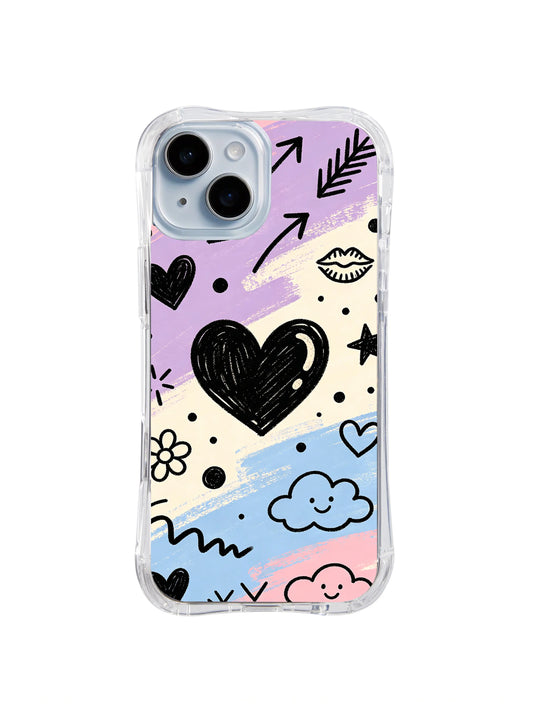 Free Spirit Heart: A large scribbled black heart sits among arrows, lips, flowers, stars and clouds on pastel bands.