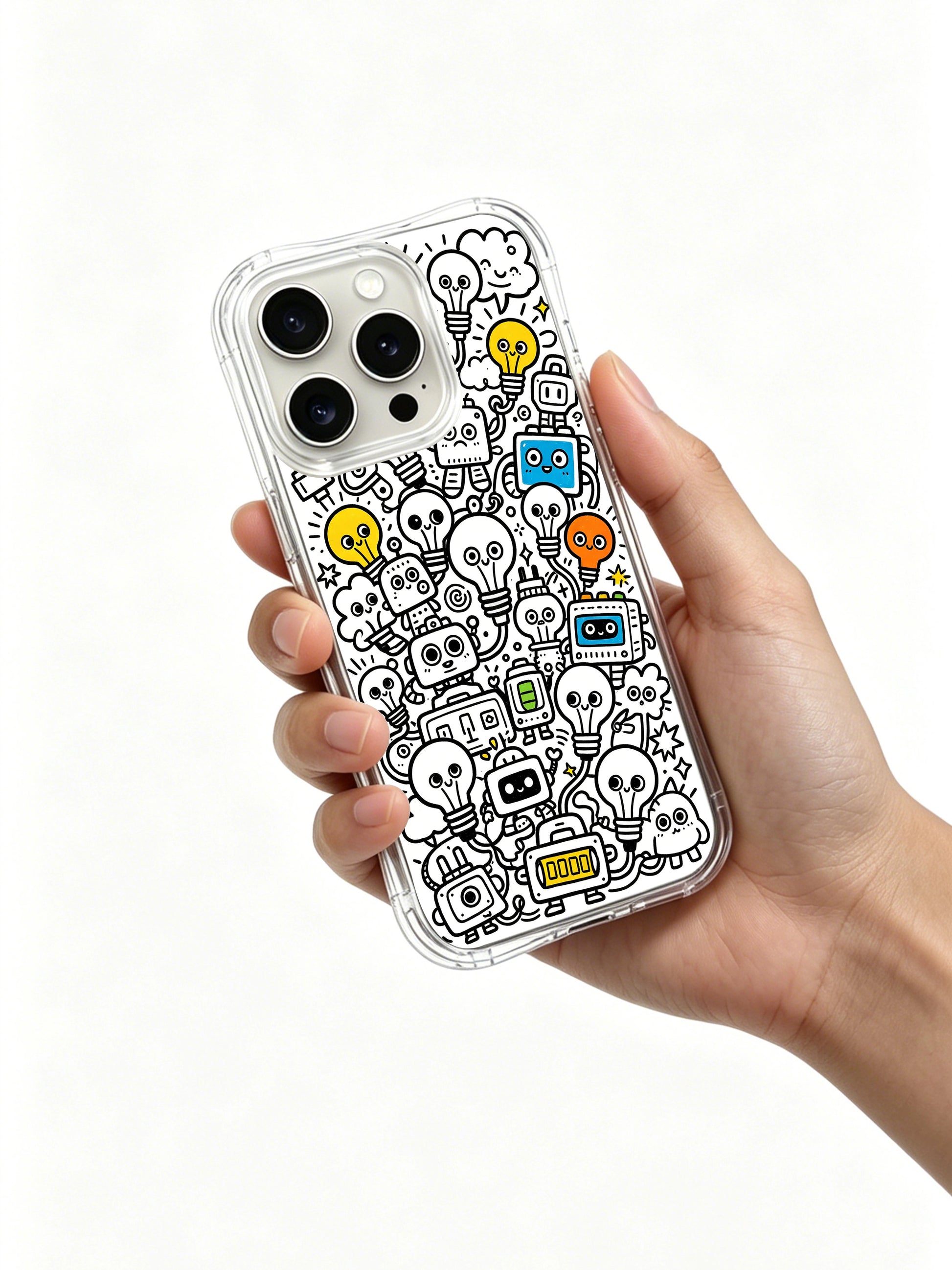 Sleepy low-battery lazy bulb folk doodle iPhone 15 pro Case by Nico Scribble, customizable personalized phone casing from PhoneCasing California, casual stylish illustrated phone cover.