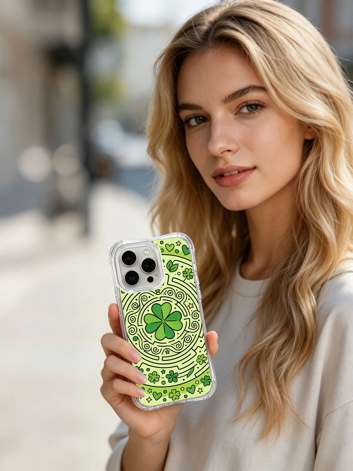 Lucky Clover Maze artist-designed iPhone 14 Pro case lifestyle