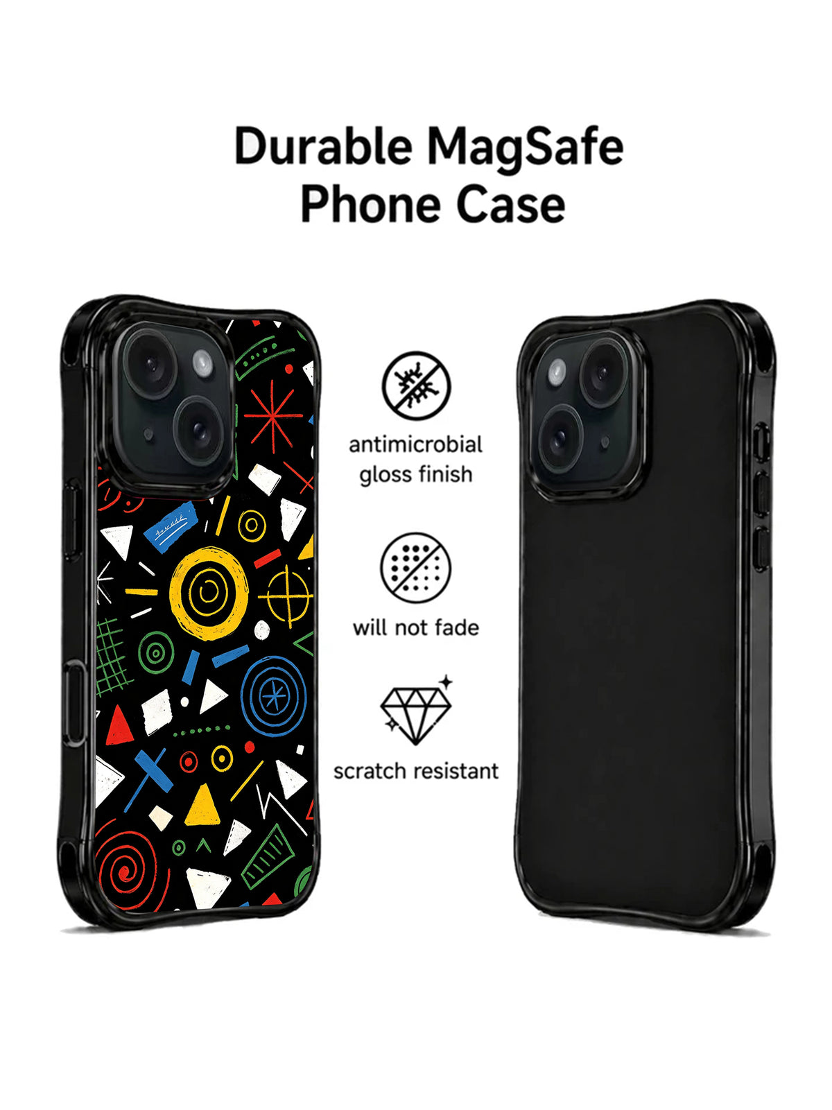 Black colorful fragment iPhone 15 Pro case front and back view