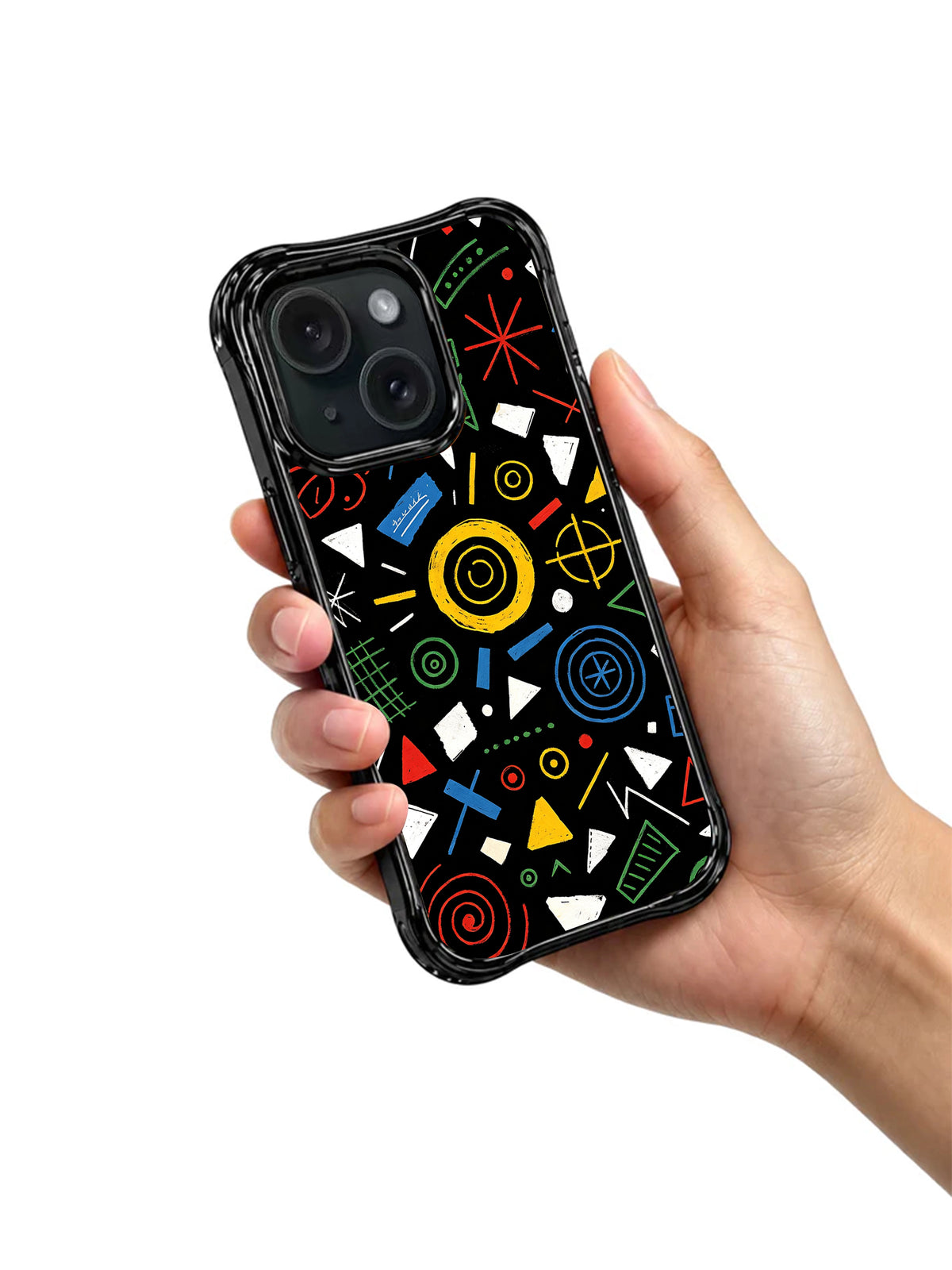 Colorful symbol art iPhone 15 Pro case held in hand