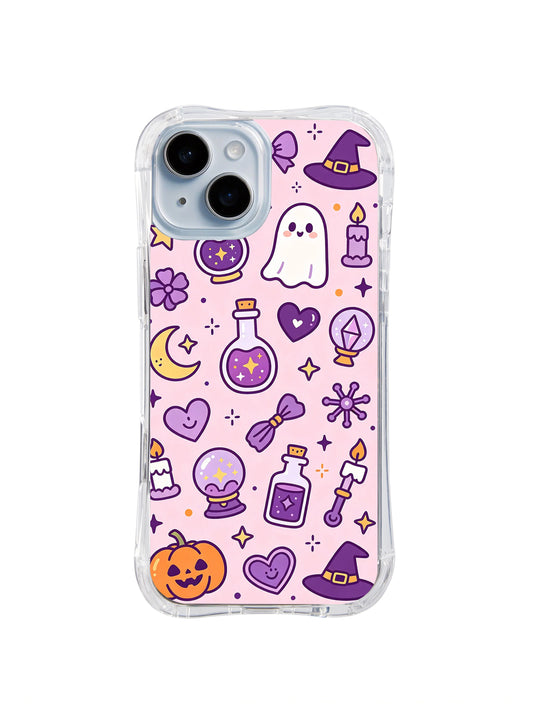 Lucky Halloween Symbols iPhone 14 Plus case with ghost, charms and crystal balls