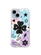 Candy Clover Wish: A large scribbled four-leaf clover sits among stars, hearts, sweets and small flowers.