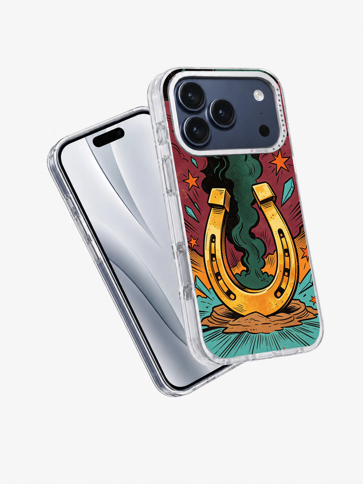 Angled view of the Lucky Horseshoe Blast western pop-art iPhone case