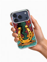 Hand holding the Lucky Horseshoe Blast gold horseshoe iPhone case
