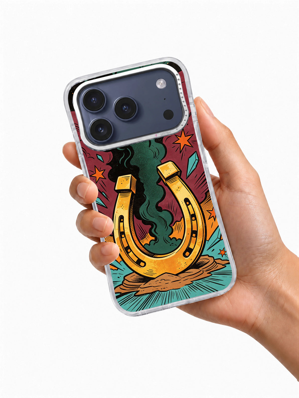 Hand holding the Lucky Horseshoe Blast gold horseshoe iPhone case