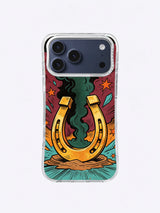 Lucky Horseshoe Blast iPhone case with a gold horseshoe, forest-green smoke, burgundy rays, turquoise shards, and orange stars