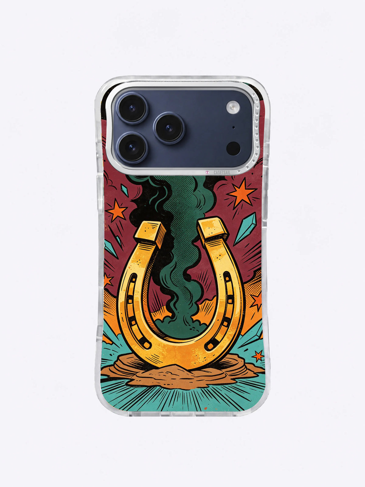 Lucky Horseshoe Blast iPhone case with a gold horseshoe, forest-green smoke, burgundy rays, turquoise shards, and orange stars