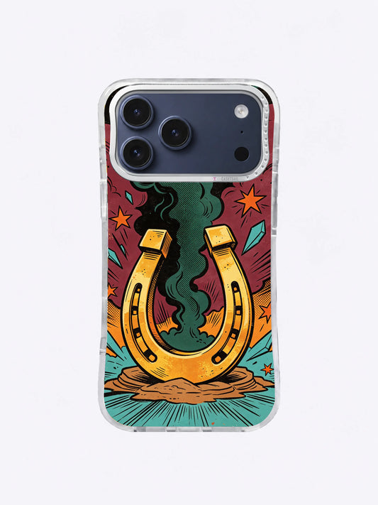 Lucky Horseshoe Blast iPhone case with a gold horseshoe, forest-green smoke, burgundy rays, turquoise shards, and orange stars