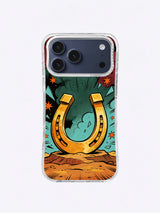 Golden horseshoe western pop-art iPhone case with teal sky, burgundy clouds, black rays, and burnt-orange ground