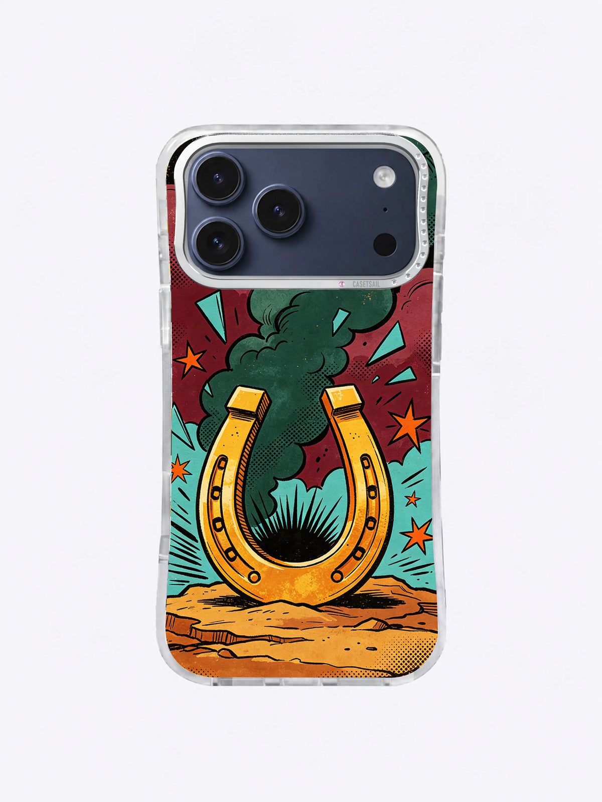 Lucky horseshoe comic iPhone case with forest-green smoke, burgundy field, turquoise shards, orange stars, and black impact marks