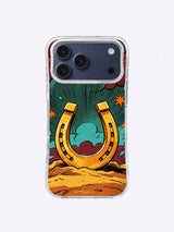 Golden horseshoe iPhone case with turquoise and burgundy comic clouds, forest-green sky, orange stars, and desert base