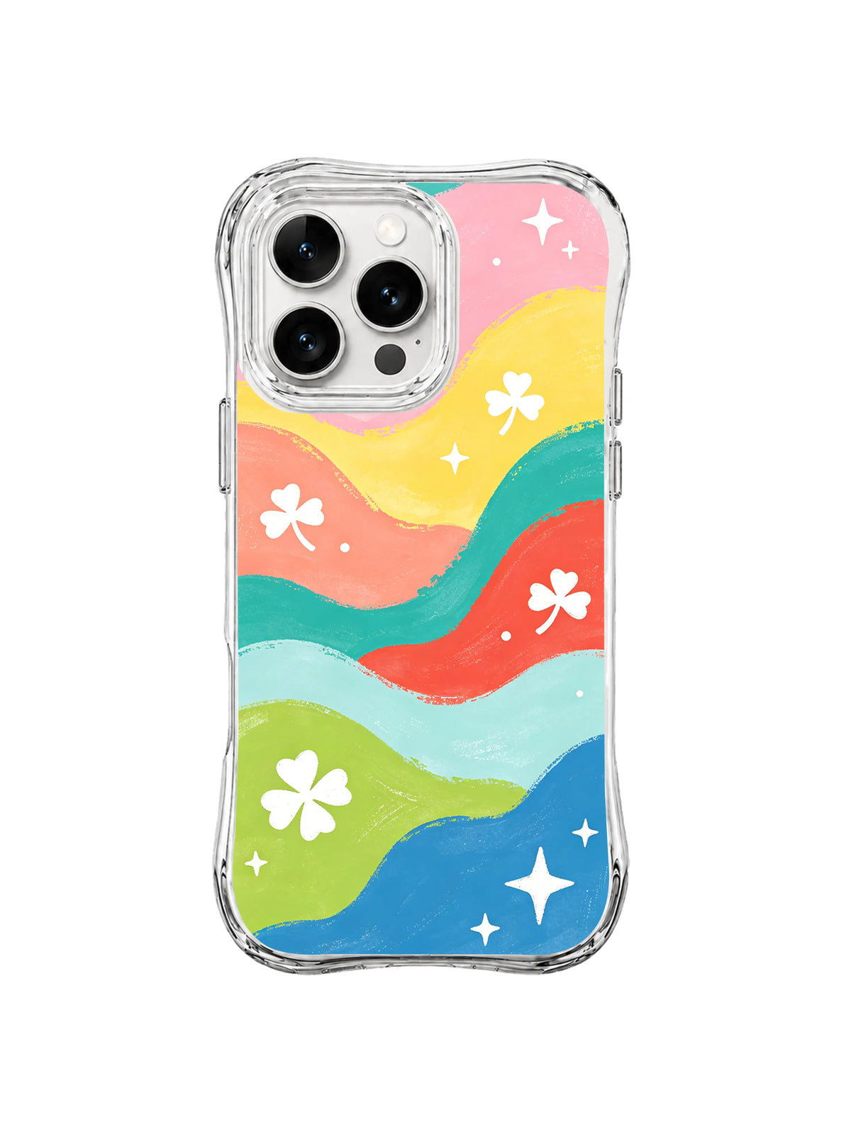 Clover Color Current: White clover-like flowers float over wavy pink, yellow, green, coral, turquoise and blue bands.