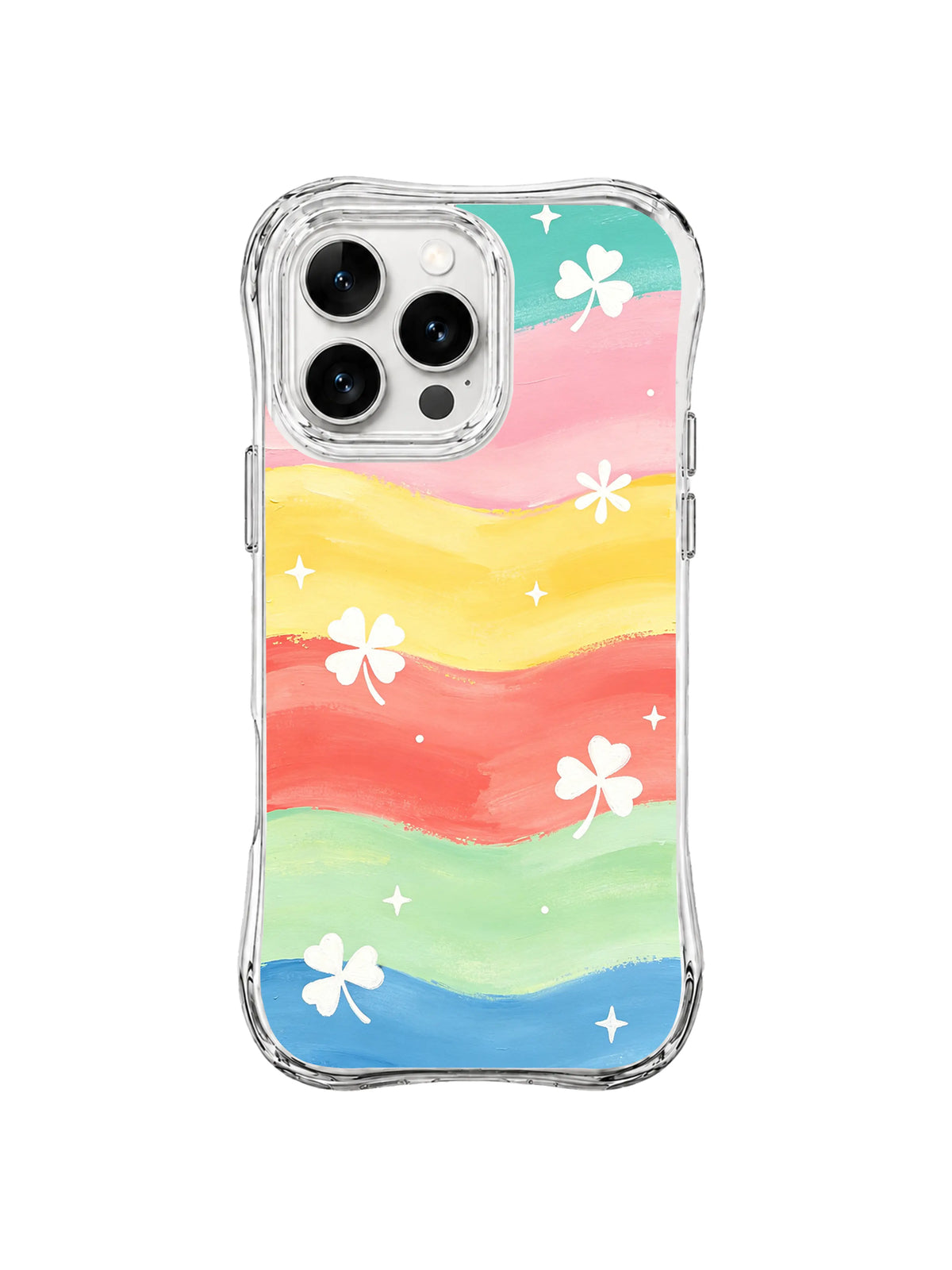 Clover Sunrise Fields: White clover-like flowers and stars dot turquoise, pink, yellow, coral, green and blue fields.