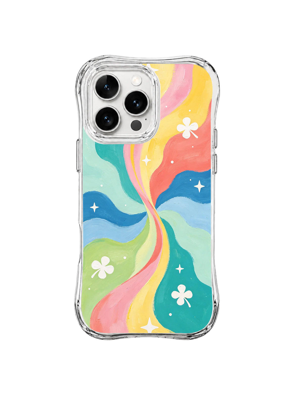 Lucky Rainbow Vortex: White clover shapes and stars surround a pastel multicolor vortex.
