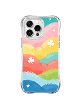 Rainbow Garden Hills: White flower and star shapes sit across rounded pink, yellow, coral, green and blue hills.