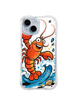 Leaping Lucky Lobster: A smiling red-orange lobster leaps beside a curling blue wave and small shell motifs.