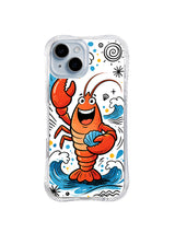 Shell Greeting Lobster: A smiling lobster holds a blue shell while standing among playful waves and spiral marks.