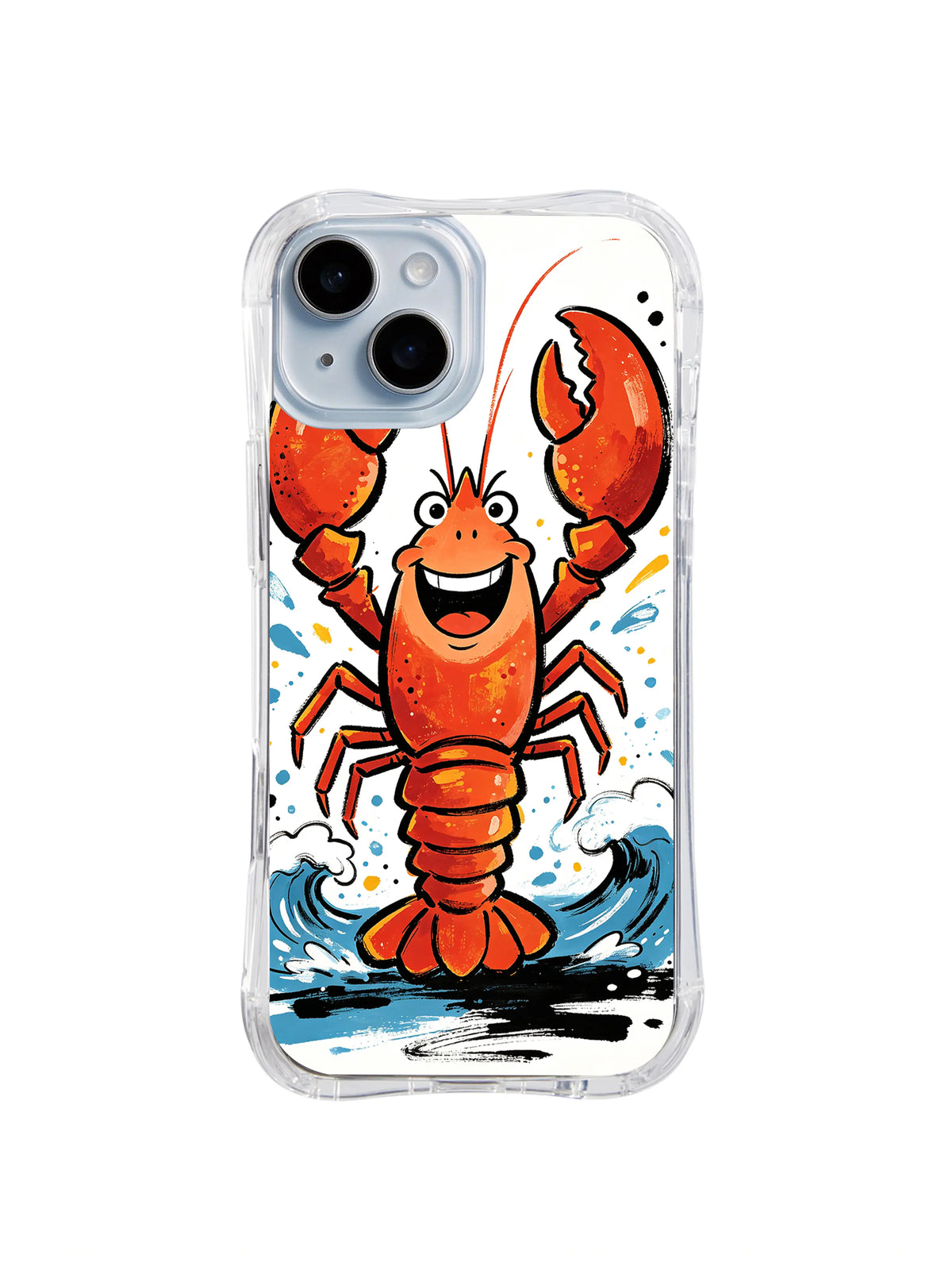 Twin Wave Lobster: A red-orange lobster lifts both claws between blue waves and black brush marks.