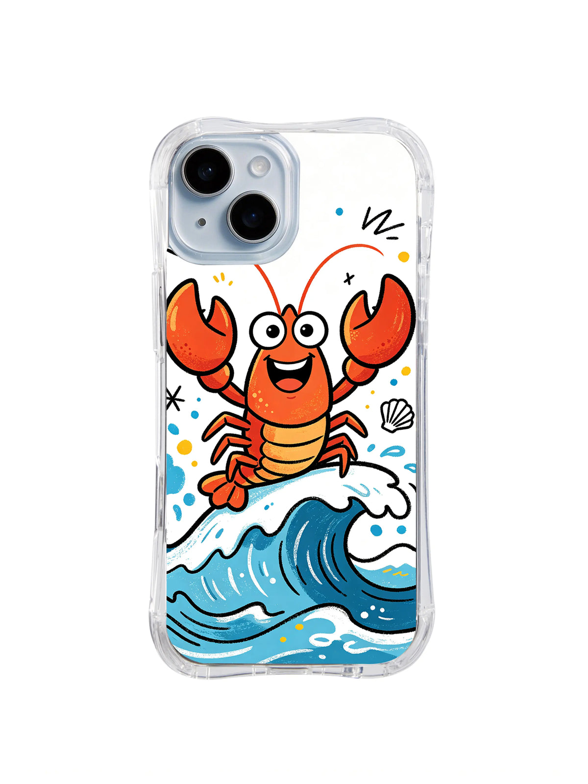 Wave Rider Lobster: A cheerful lobster raises its claws while riding a large blue wave.